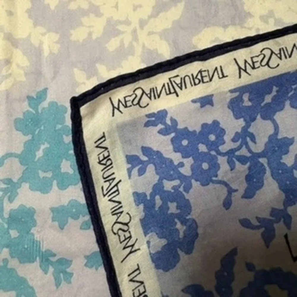 Vtg YVES SAINT LAURENT Scarf Handkerchief Floral Blue 21.5